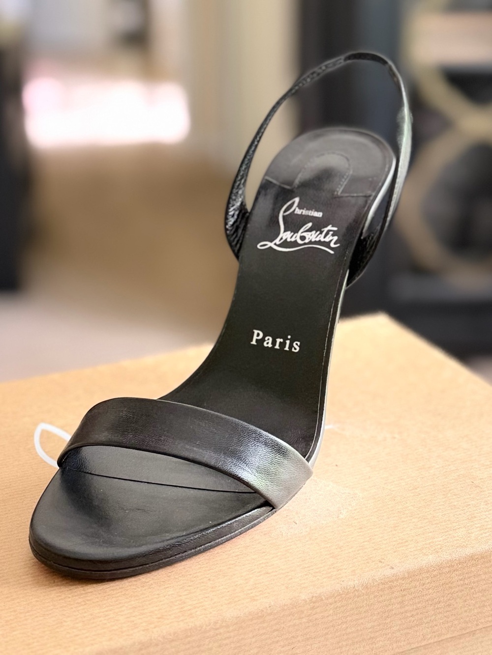 Christian Louboutin Black Leather Open-Toe Slingback Heels with Red Sole - Picture 2 of 10
